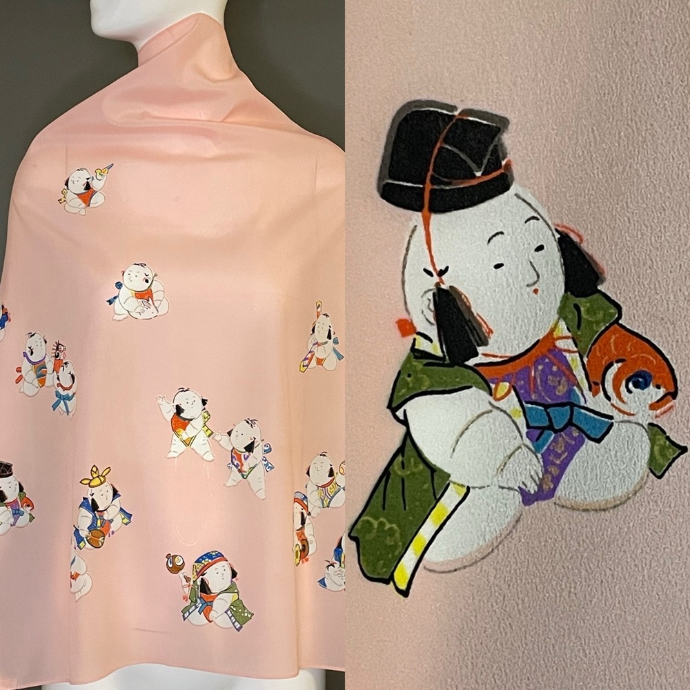 Charming Vintage Japan Sumo Baby Print Scarf 29 In Very Good Condition - Picture 1 of 10